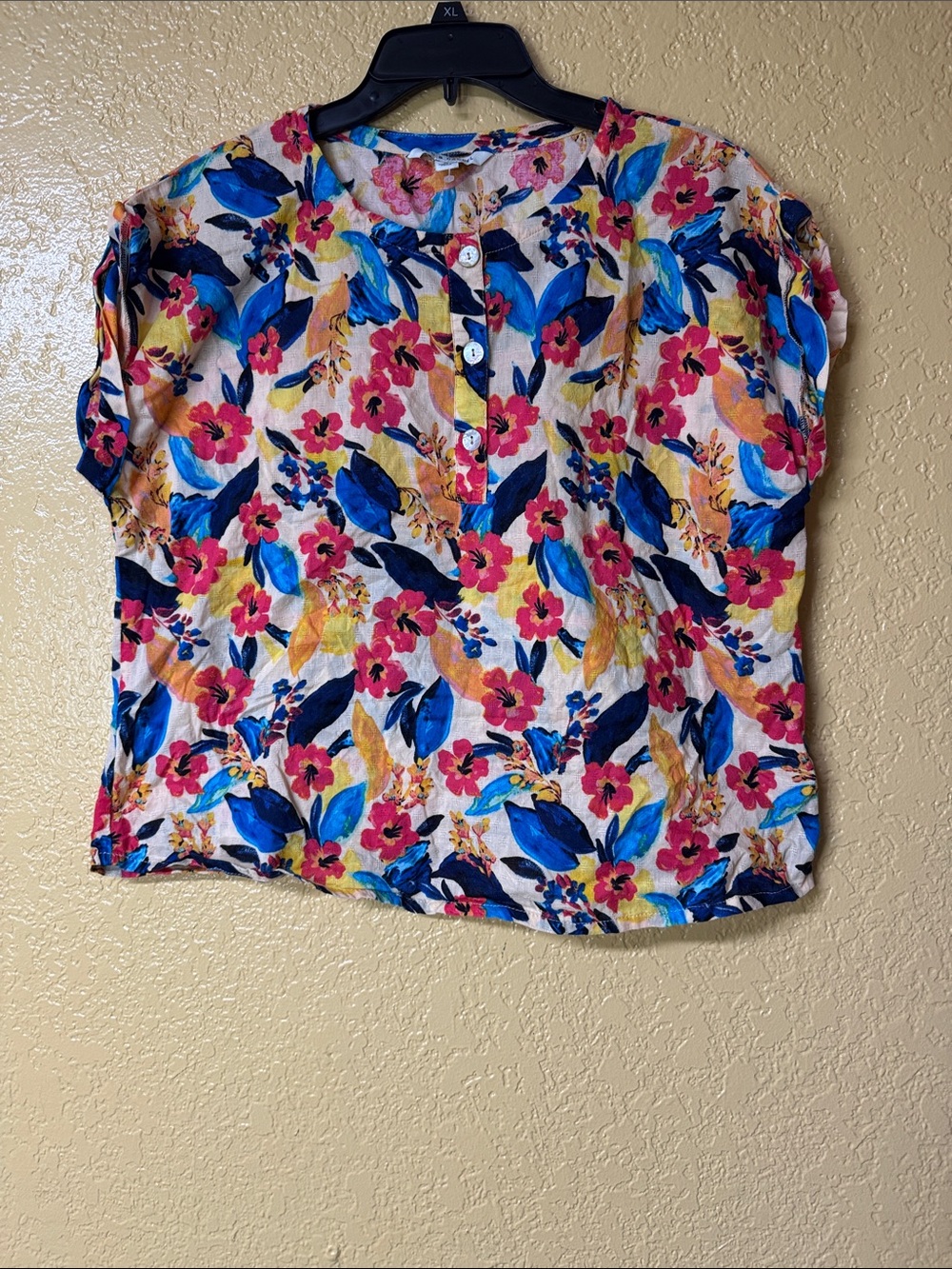 Zac & Rachel Floral Short Sleeve Button Placket Top - Blue, Pink, Yellow